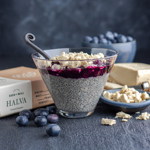 Tahini Chia Pudding with Halva Crumble & Blueberries - Seed + Mill