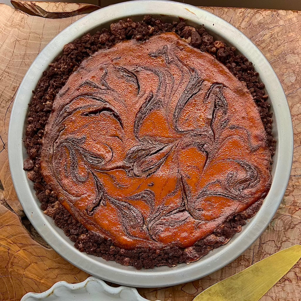 Chocolate Tahini Pumpkin Pie with Halva-Speckled Cookie Crust